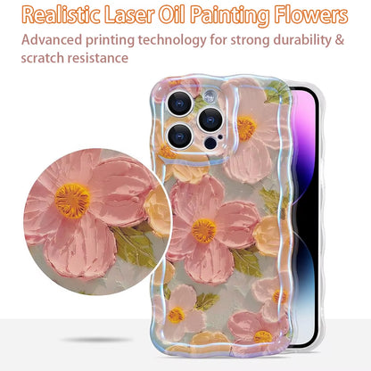 Stylish Phone Case for Iphone 11 12 13 14 15 16 Pro Max Retro Oil Painting Flower Glossy Cute Floral Wave Border Exquisite Cover