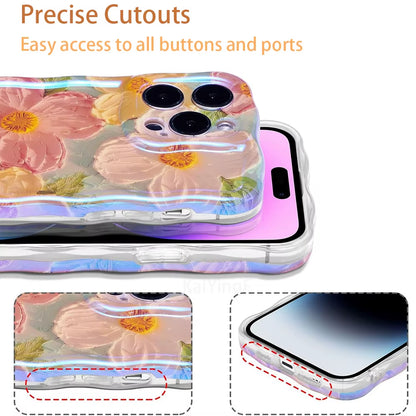 Stylish Phone Case for Iphone 11 12 13 14 15 16 Pro Max Retro Oil Painting Flower Glossy Cute Floral Wave Border Exquisite Cover