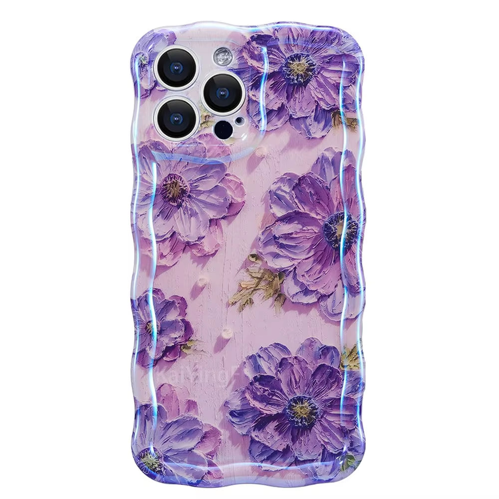 Stylish Phone Case for Iphone 11 12 13 14 15 16 Pro Max Retro Oil Painting Flower Glossy Cute Floral Wave Border Exquisite Cover