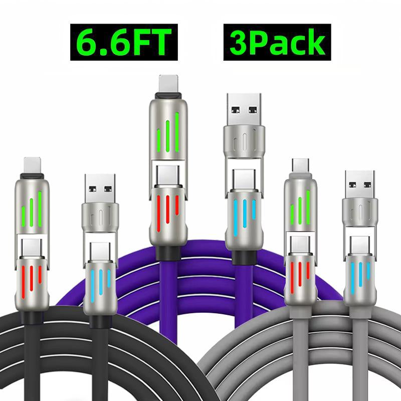 [Buy 1 Get 2 Free]-6.6Ft 4-In-1 USB-C Cablewith USB A,Type C,Lightning-Max65W Fast Charging & Data Sync for Iphone16/15,Ipad Pro, Fast Charger Usb Cable 4-In-1 Fast Breathing Light -Max 1 Usb-C Data 4 1 Charging Cable Connection Durable
