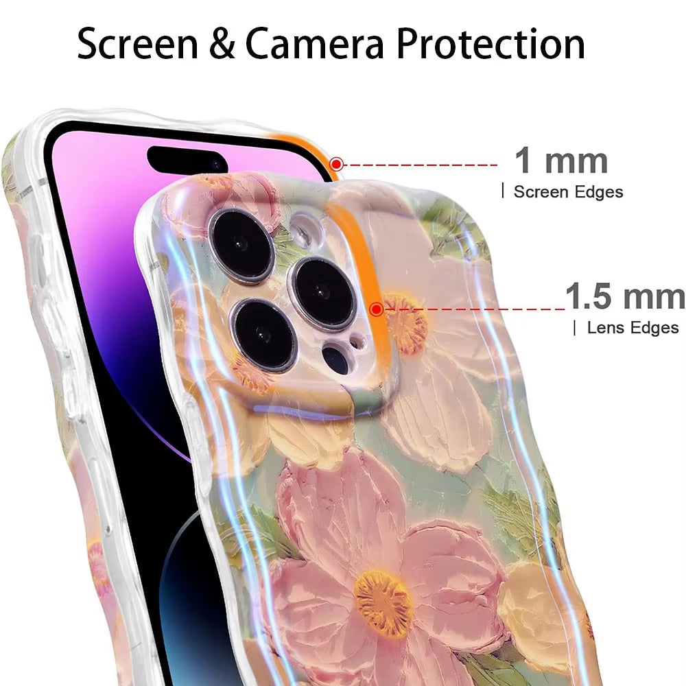 Stylish Phone Case for Iphone 11 12 13 14 15 16 Pro Max Retro Oil Painting Flower Glossy Cute Floral Wave Border Exquisite Cover